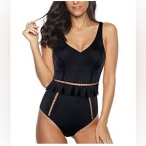 Black one piece swimsuit solid cutouts size 10 adjustable straps v neck